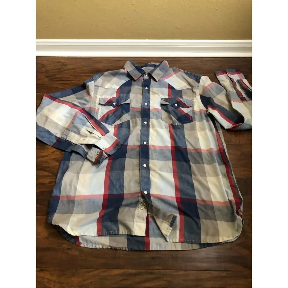 Levi’s Plaid Western Snap Button Shirt Mens Medium Blue Red